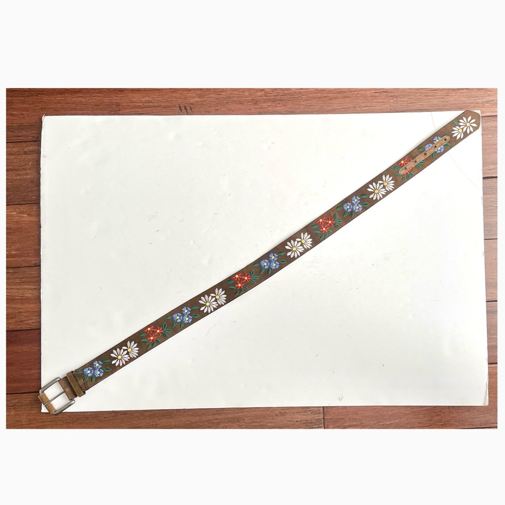 Brown Suede Floral Embroidered Belt with Silver Buckle - Picture 11 of 12